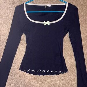 Elegant Navy Long Sleeve Top with White Trim